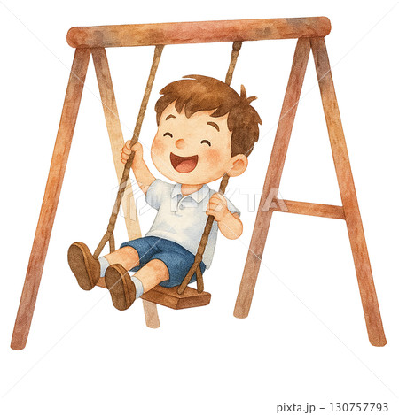 A joyful child swinging on a wooden swing, enjoying the moment. 130757793