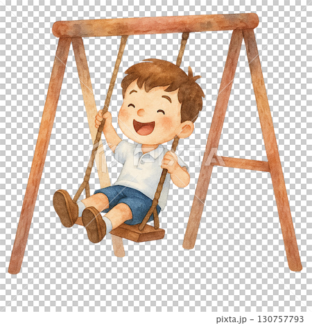 A joyful child swinging on a wooden swing, enjoying the moment. 130757793