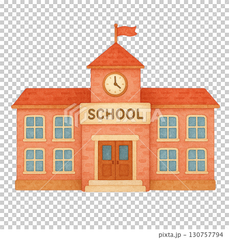 A quaint brick school building with a clock and flag. A quaint brick school building with a clock and flag. 130757794