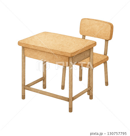 A simple wooden desk and chair set for a cozy workspace. 130757795