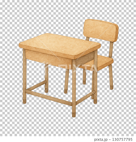 A simple wooden desk and chair set for a cozy workspace. 130757795