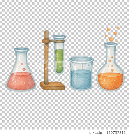 Colorful laboratory glassware with various liquid experiments. 130757811