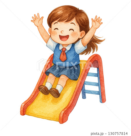 Joyful child sliding down a colorful playground slide. 130757814