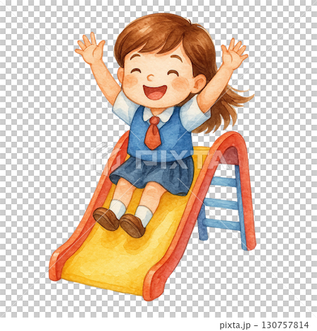 Joyful child sliding down a colorful playground slide. 130757814