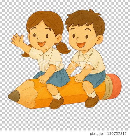 Kids enjoying a whimsical ride on a giant pencil together. 130757815