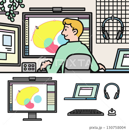 自宅の書斎でデスクにPCと2台のモニターを置いて仕事をするグラフィックデザイナーのイラスト。クリエイ 130758004