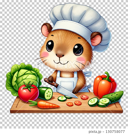 Cute chef guinea pig preparing fresh vegetables in the kitchen. 130758077