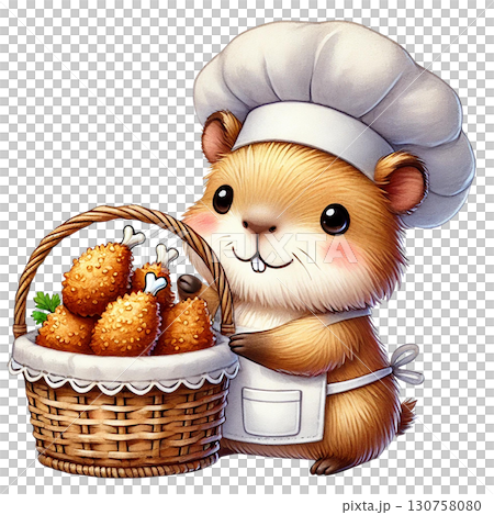 Cute guinea pig chef holding a basket of delicious fried snacks. 130758080
