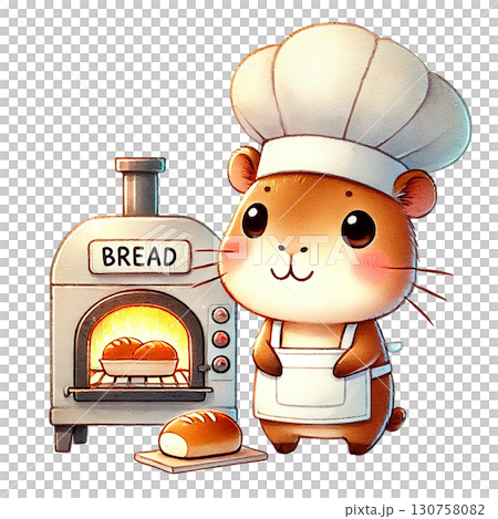 Cute hamster baker with bread in a cozy kitchen setting. Cute hamster baker with bread in a cozy kitchen setting. 130758082