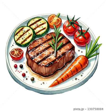 Delicious grilled steak served with fresh vegetables and herbs. 130758084