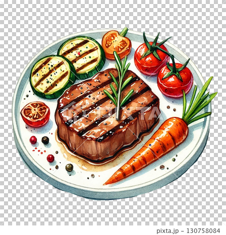 Delicious grilled steak served with fresh vegetables and herbs. 130758084