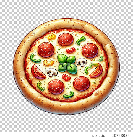 Delicious pepperoni pizza topped with fresh vegetables and herbs. 130758085