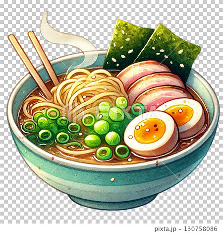 Delicious ramen bowl with fresh ingredients and garnishments. 130758086