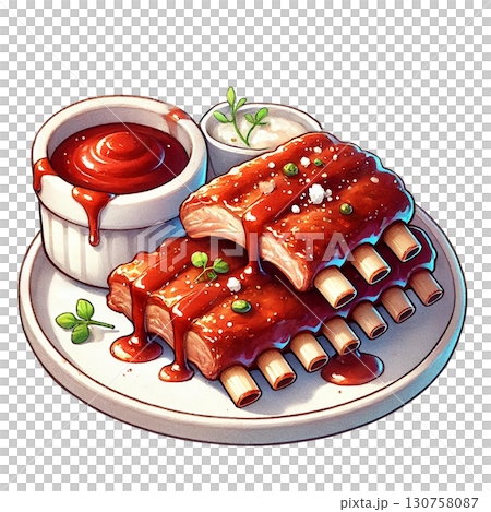 Delicious ribs coated in sauce served with dip on a plate. 130758087