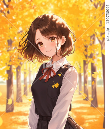 秋の公園を背景にした女子高生　AI画像 130758095