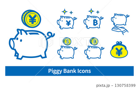 シンプルな貯金箱とお金のアイコンセット 130758399