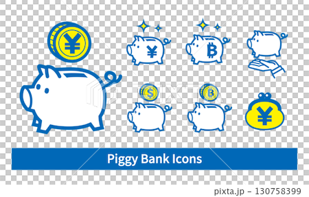 シンプルな貯金箱とお金のアイコンセット 130758399