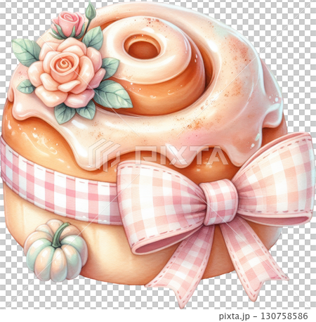 A charmingly decorated cinnamon roll with delicate roses a plaid ribbon and a mini pumpkin 130758586