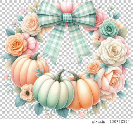 A pastel autumn wreath with pumpkins roses and a plaid bow 130758594