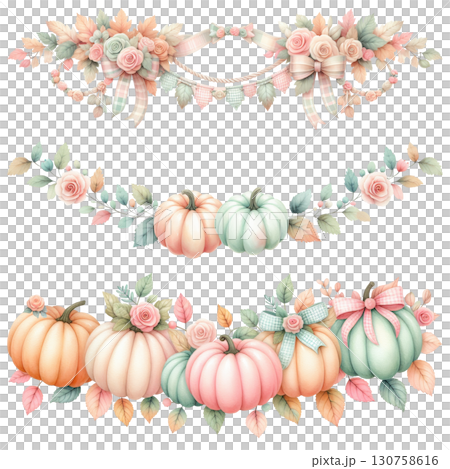 Delicate pastel floral and pumpkin border with romantic bows and whimsical bunting set Delicate pastel floral and pumpkin border with romantic bows and whimsical bunting set 130758616