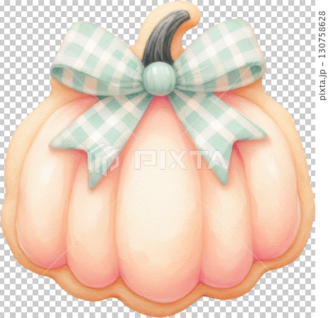 Whimsical pastel pumpkin shaped cookie with a green plaid bow Whimsical pastel pumpkin shaped cookie with a green plaid bow 130758628