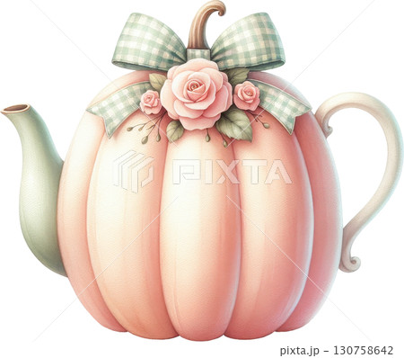 Whimsical pink pumpkin teapot adorned with roses and gingham bow 130758642