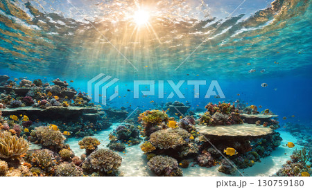 太陽光が降り注ぐ色鮮やかなサンゴ礁と熱帯魚 太陽光が降り注ぐ色鮮やかなサンゴ礁と熱帯魚 130759180