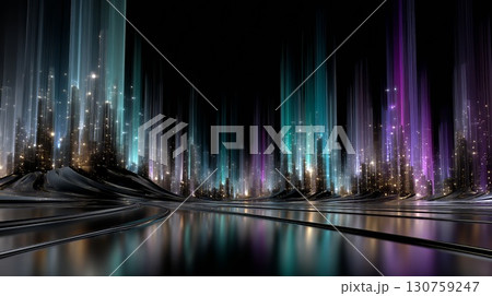Futuristic skyscrapers reflecting in rippling water, glowing light trails cascading through nocturnal urban landscape, creating mesmerizing cyberpunk atmosphere 130759247