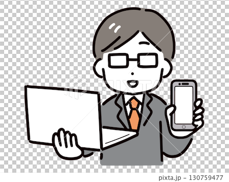 ノートパソコンとスマホを持ち紹介している笑顔の若いビジネスマン(上半身・正面) 130759477