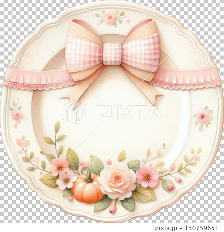 Pastel decorative plate with pink bow flowers and pumpkin 130759651