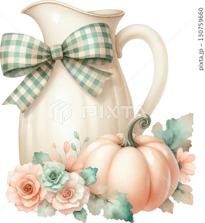 Vintage pitcher with plaid bow and autumn flowers beside a pumpkin 130759660