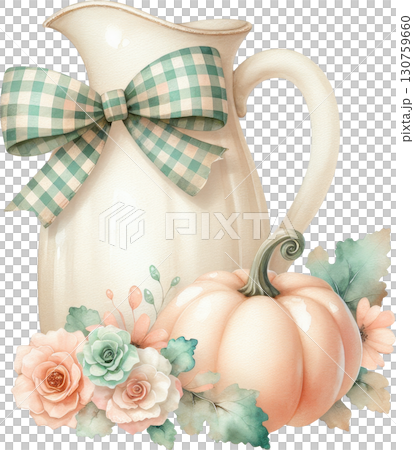 Vintage pitcher with plaid bow and autumn flowers beside a pumpkin 130759660