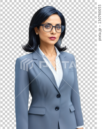 Corporate Securities Lawyer A middle-aged South Asian woman, 40-45 years old, with medium-length black hair, wearing glasses and a tailored 130760055