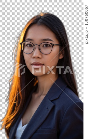 East Asian woman with straight long hair and minimalist wireframe glasses, her poised expression set against a shimmering skyline, representing 130760067