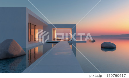 夕暮れの海とモダンラグジュアリー住宅 夕暮れの海とモダンラグジュアリー住宅 130760417