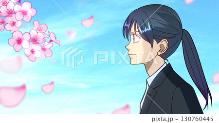 桜と花びら、学生または社会人の女性のアニメ風イラスト、左に余白 桜と花びら、学生または社会人の女性のアニメ風イラスト、左に余白 130760445