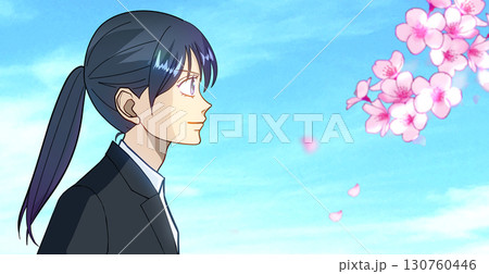 桜と花びら、学生または社会人の女性のアニメ風イラスト、右に余白 130760446