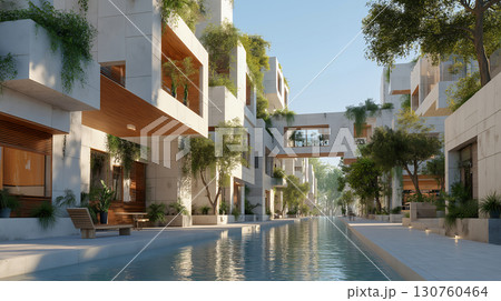 水辺のモダン集合住宅と緑あふれる街並み 水辺のモダン集合住宅と緑あふれる街並み 130760464