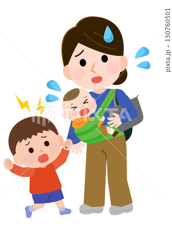ワンオペ育児に追われる母親と子ども　イラスト 130760501
