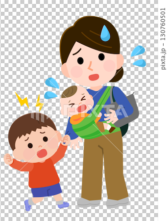 Illustration of a mother and child struggling with single-parent childcare Illustration of a mother and child struggling with single-parent childcare 130760501