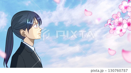 桜と花びら、学生または社会人の女性のアニメ風イラスト、右に余白 桜と花びら、学生または社会人の女性のアニメ風イラスト、右に余白 130760787