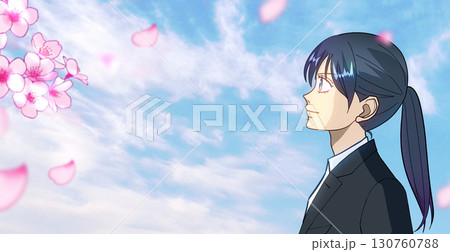 桜と花びら、学生または社会人の女性のアニメ風イラスト、左に余白 桜と花びら、学生または社会人の女性のアニメ風イラスト、左に余白 130760788