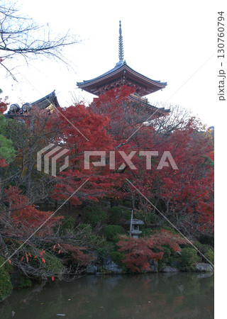錦秋の京都旅行～音羽の滝(おとわのたき)の紅葉越しに見上げる三重塔 - 早朝の京都の風景 130760794