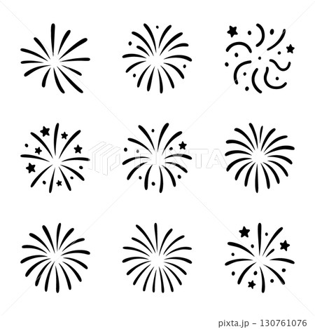Set of minimalist hand-drawn fireworks. Explosions doodle icons for celebration events 130761076