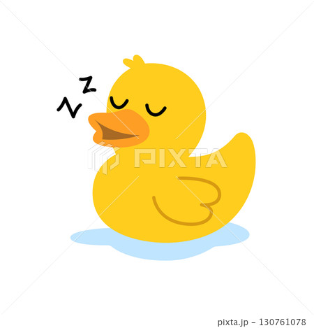 Sleeping yellow rubber duck. Cute bath toy vector for children prints, playful decor, and clipart sets. 130761078