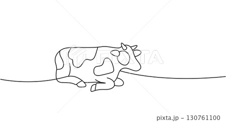 Cow lying on pasture. Minimal continuous line vector art for modern farm branding and natural themes 130761100