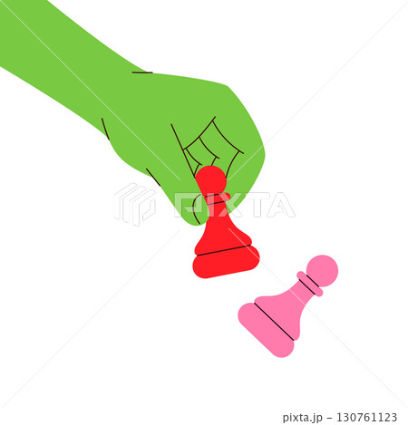 Green hand holding a red pawn above a pink pawn symbolizing sacrifice planning and tactical moves in chess Green hand holding a red pawn above a pink pawn symbolizing sacrifice planning and tactical moves in chess 130761123