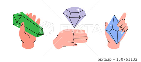 Set of hands holds crystals. Multi-colored crystals. Mystical, esoteric, magic or healing crystals. Vector illustration. 130761132