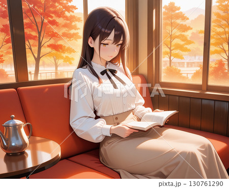 秋のカフェで読書を楽しむ清楚な女性のイラスト 130761290