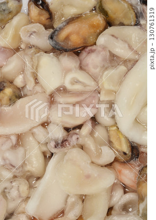 Package of frozen mixed seafood detail 130761319